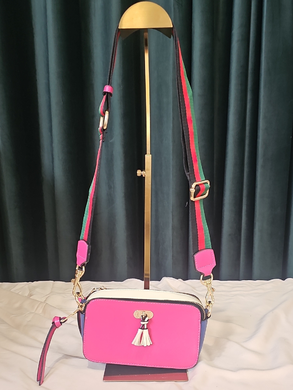 Pink Crossbody Camera Bag with Striped Webbing Strap